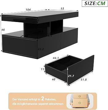 BRILVERDE High Gloss Coffee Table Living Room Table with 16-Colour LED and 2 Drawers Modern Sofa Table with Storage Space Side Table with 5 Shelves (Black 104 x 53 x 46 cm)
