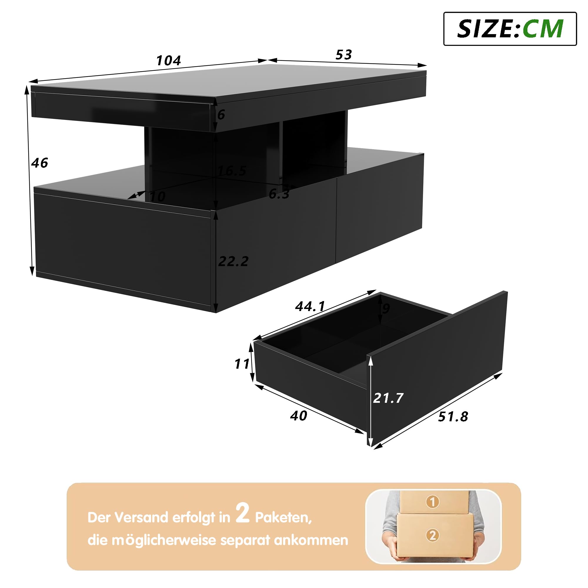 BRILVERDE mesa de centro de alto brillo, salón con LED de 16 colores y 2 cajones, sofá moderno con almacenamiento, auxiliar con 5 estantes (negro, 104 x 53 x 46 cm)
