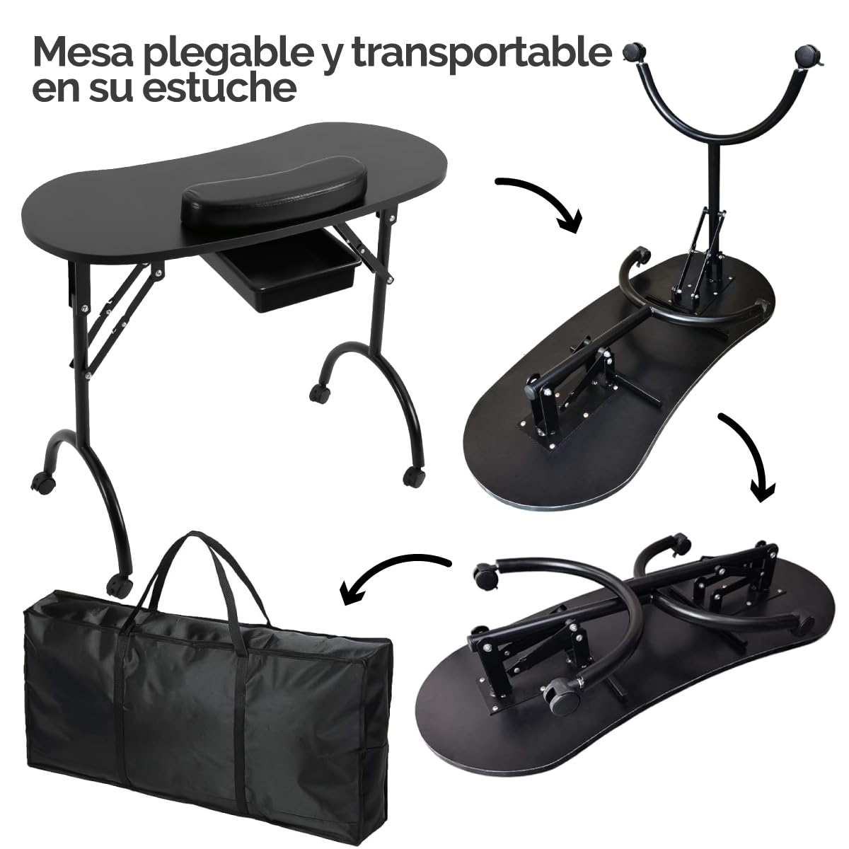 Vivezen - Mesa de manicura Profesional Plegable con cajón, Ruedas y maletín de Transporte - Negro
