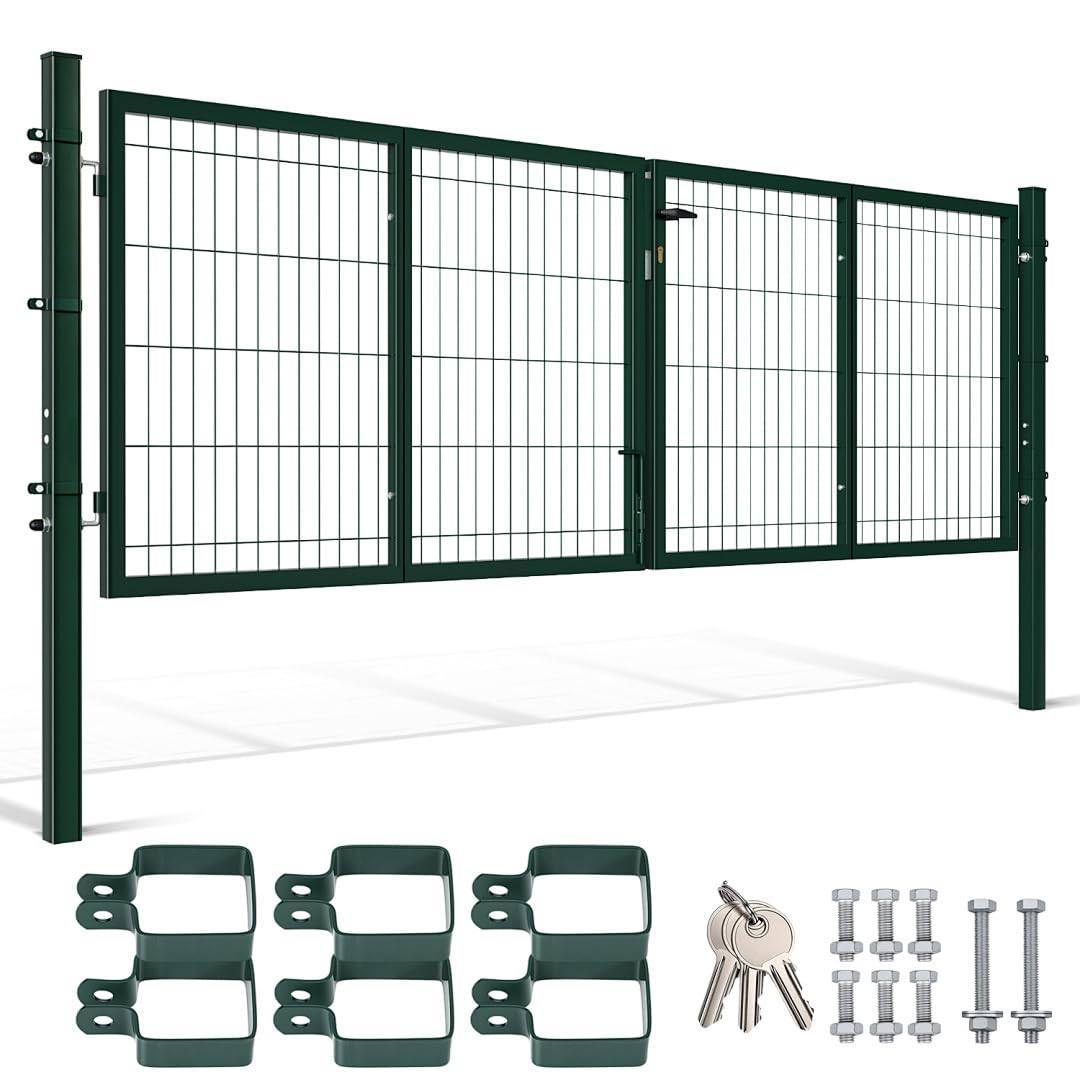 Cancello da giardino in metallo, cancelletto a doppio battente, 300x100 cm, tubo quadrato, patchwork, per aree residenziali/giardini, per recinzioni in rete (Verde).