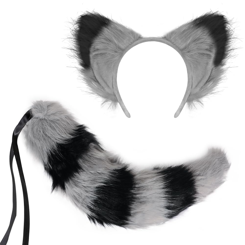 Faux Fur Fox Cat Ears Hair Clip Tail Gloves Set Fluffy Wolf Fox Cosplay Costume Hair Hoop Long Tail Kit Animal Dress Up Fancy Dress Accessories Halloween Role Play Party Costume for Adults