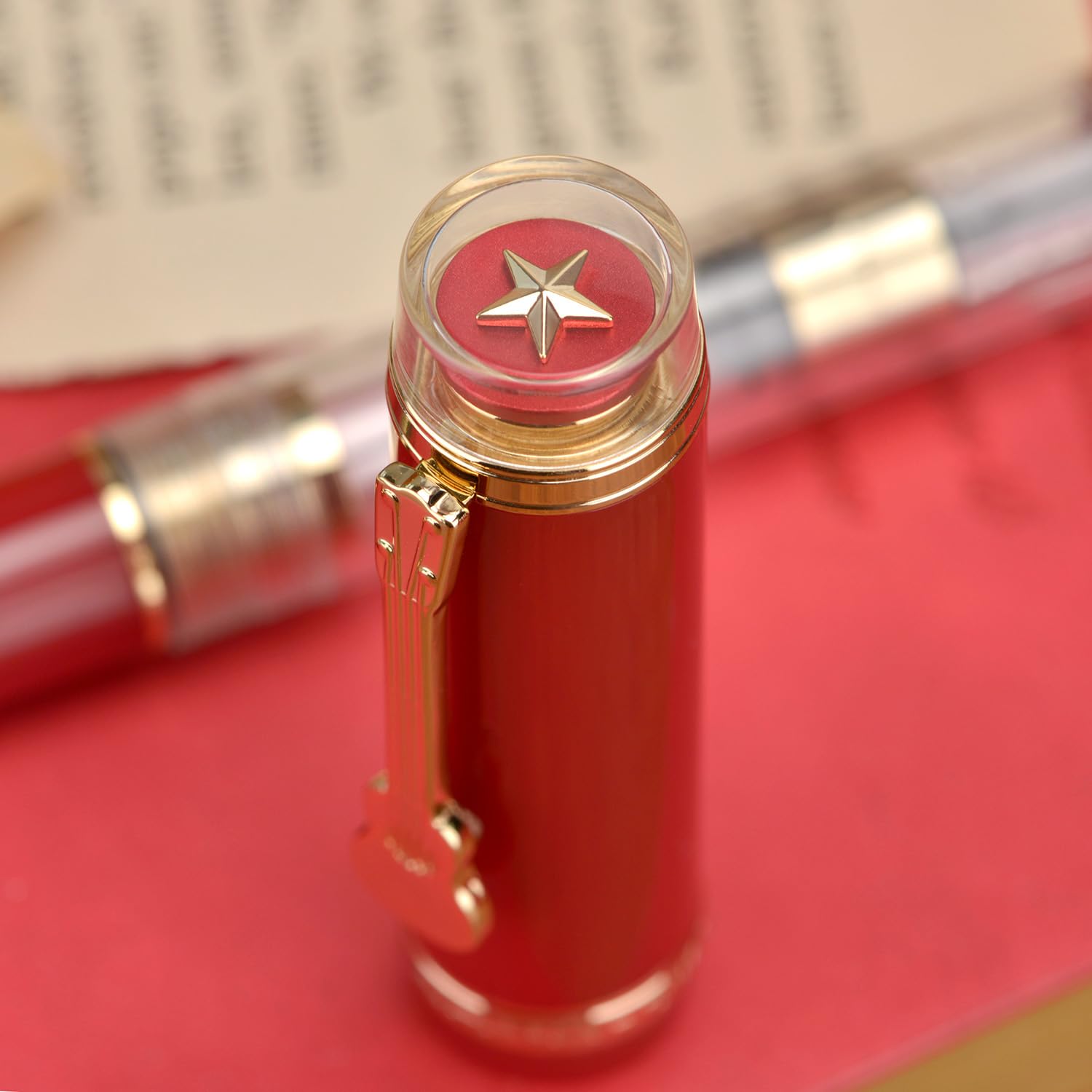 Jinhao 1935 Tiandao Fountain Pen, Size 8 Medium Nib, Golden Guitar Clip, Red and Transparent Acrylic with Converter - Image 4