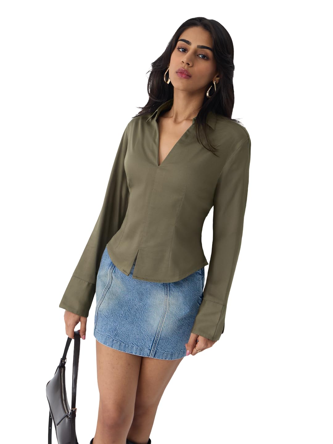 The Souled Store Olive Women and Girls Full Sleeves Spread Collar Solid Cotton Blend Slim Fit Wrinkle-Resistant Comfortable Lightweight All-Season Casual and Business Wear Shirts in olive