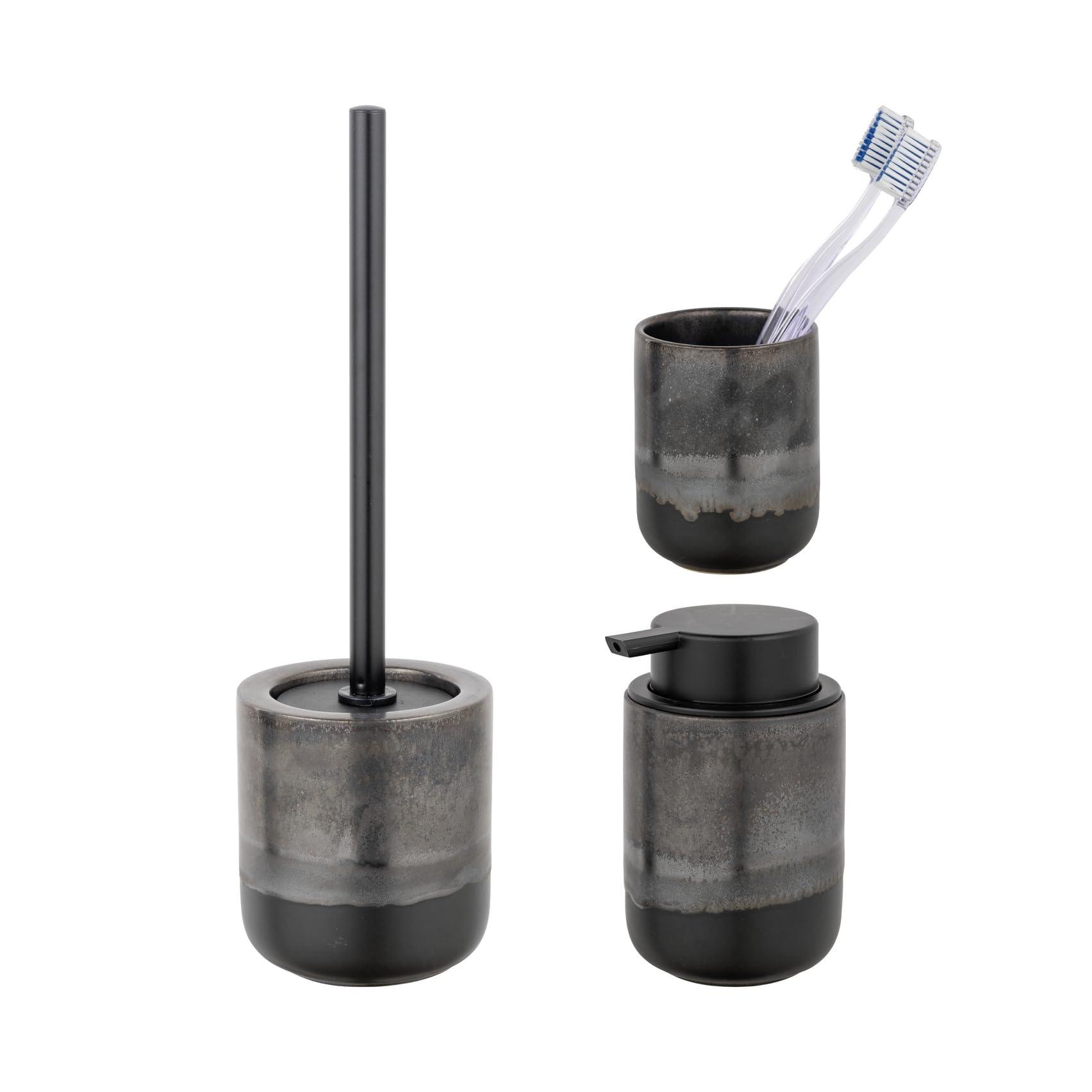 Schöner Wohnen Kollektion Bad-Accessoire Set Mod. RIOLO 3-TLG aus hochwertiger Keramik mit Effektglasur in Dunkelgrau inkl. WC-Garnitur und Seifenspender Maße 38,5 x 11,5 cm