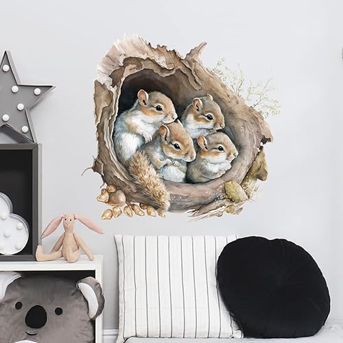 Miniatura 2 de Calcomanía de pared con diseño de ardillas en el agujero del árbol, diseño de animales para guardería, removible, despegar y pegar, para niños