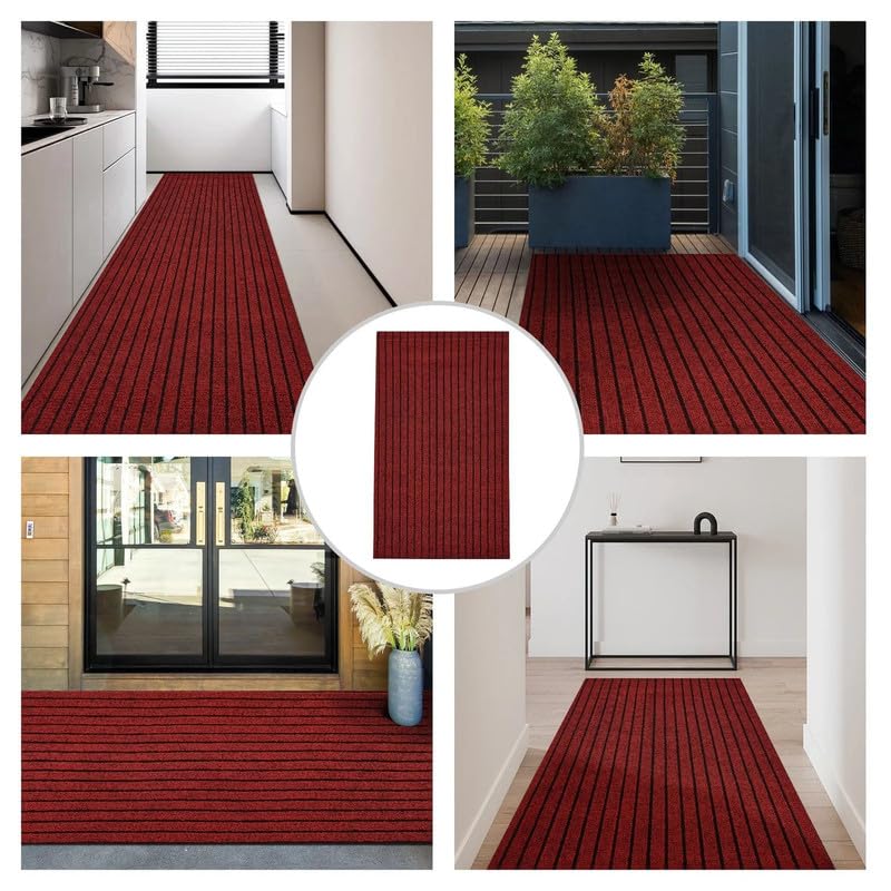 Image of TIB Anti-Slip Door Mat with PVC Rubber Backing, Water & Stain Resistant Striped Floor Mat for Home Entrance, Bathroom & Kitchen, Durable Non-Woven Surface,Easy Clean Doormat,4x7ft,Red