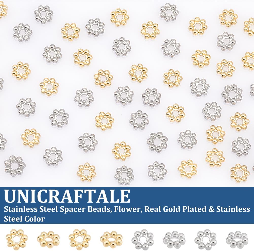 UNICRAFTALE 60Pcs 2 Colors 304 Stainless Steel Spacer Beads - Flower Shaped Mini Metal Accessories for Bracelets Necklaces Jewelry Making - Golden Daisy Loose Beads - Image 5