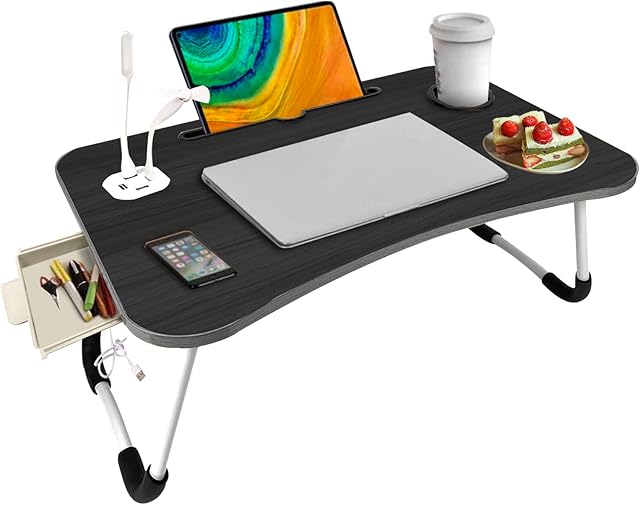 Laptop Bed Tray Table with USB Ports Handle, Portable Bed Tray Foldable Lap Desk Sturdy Portable Cup Holder for Eating, Writing, Working on Bed/Sofa with Little Gift (Small Fan, Small Lamp) (Black)