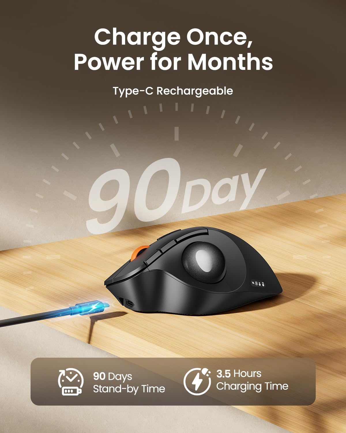 ProtoArc Wireless Bluetooth Trackball Mouse, EM02 Two Adjustable Angle Ergonomic Rechargeable Computer Ball Mouse, 3 Device Connection, Thumb Control and Smooth Tracking for Laptop, PC, Mac-Gray — view 5