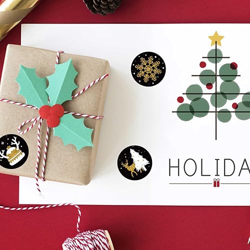 Miniatura 5 de 500 calcomanías en rollo de Feliz Navidad, diseño negro y dorado, diseño de árbol de Navidad, letra de árbol de Navidad, hombre de jengibre,