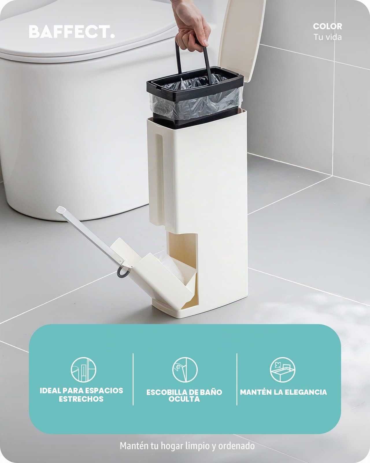Baffect Juego de Cepillo para Inodoro y Papelera,Soporte para Inodoro para baño Cepillo con Curva Multifunción 4 en 1 Bote de Basura y Cepillo para Inodoro y Estuche para Set de pañuelos (Blanco)