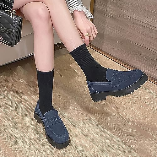 Image of Women's Leather Lug Sole Penny Loafers Classic Round Toe Comfort Slip On Uniform Dress Shoes Casual Fashion Chunky Heel Work Shoes (Blue,7)