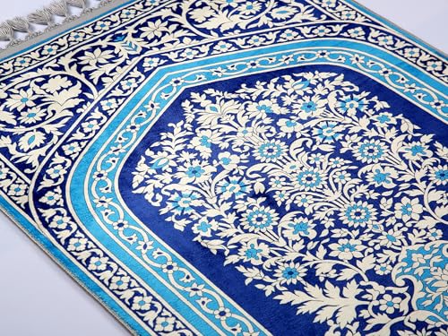 Alfombra tradicional turca de oración azul marino tapiz oriental floral con borlas 7