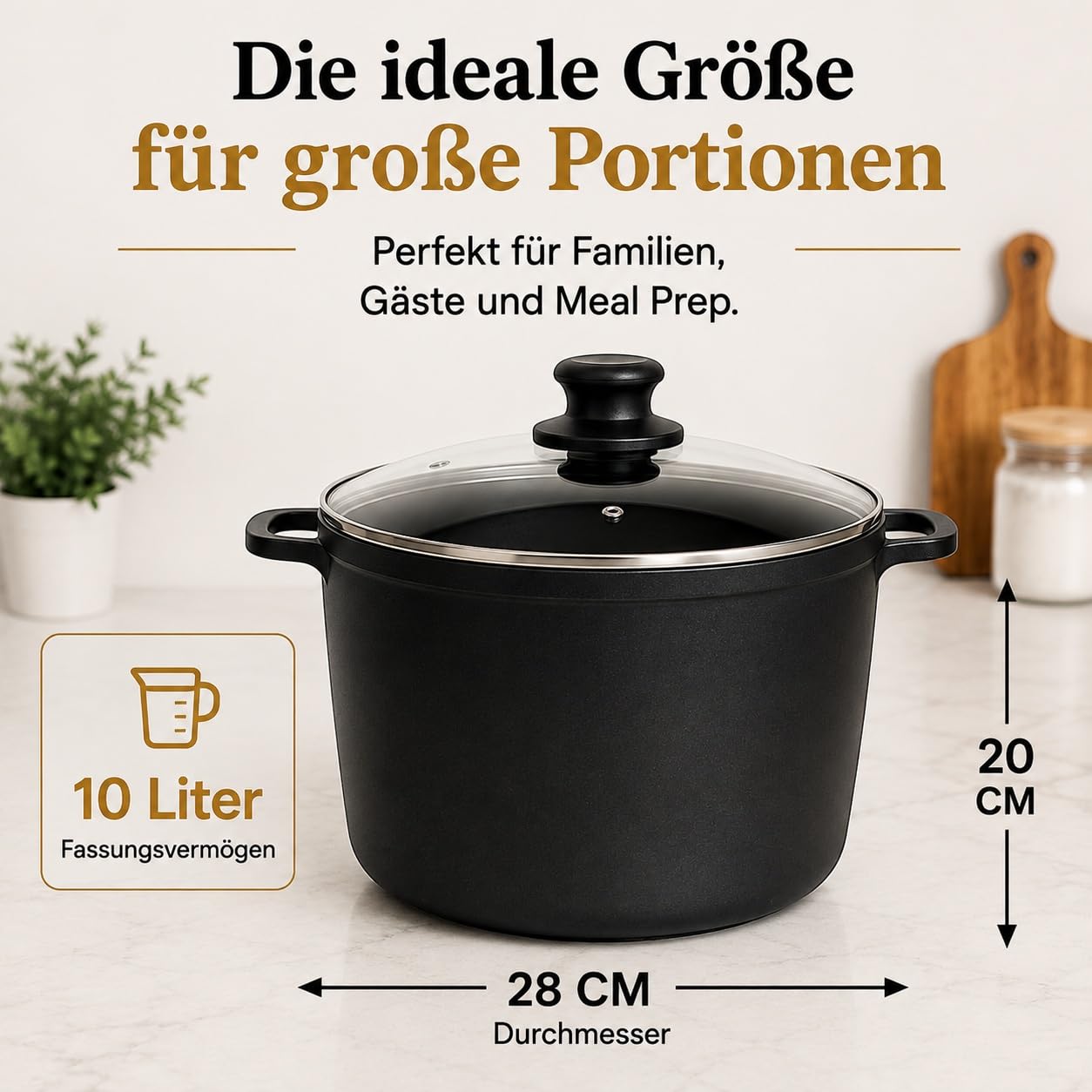 Kochtopf 10L mit Deckel Ø 28 cm – Aluminiumguss Kochtopf, Antihaftbeschichtung, Induktion geeignet, Suppentopf, Schmortopf, Universaltopf, Schwarz