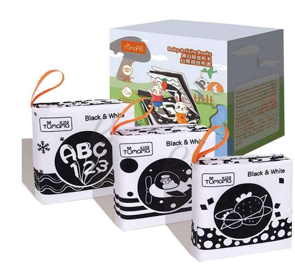 Black and White Book Toys 3 Infant Crinkle Books for Newborn 0 3 6 12 Months, High Contrast Toys Newborn Development Soft Baby Cloth Book Touch and Fell Sensory Toys (Numbers, Letters, Shape)