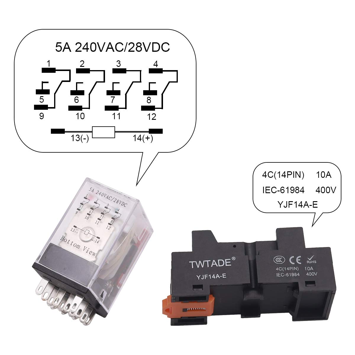 Relè Elettromagnetico 12V DC TWTADE - 8 Pin DPDT Con Base E Spina | 2NO 2NC