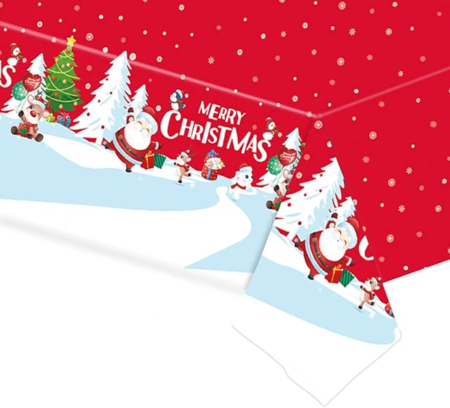 Winter Snowflake Christmas Tablecloth for Christmas Party,137*274cm Large Red Holly Santa Elk Xmas Table Cover,Disposable Christmas Plastic Table Cloth for Winter Holiday Xmas Party Supplies Decor