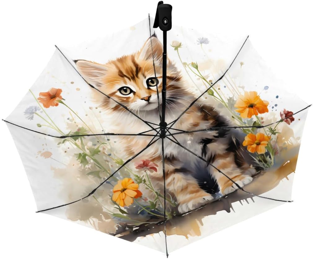 Watercolor Lovely Cat Flower Folding Umbrella Windproof Compact Lightweight Travel Umbrella with 8 Reinforced Ribs, Portable UV Sun & Rain Protection for Men & Women
