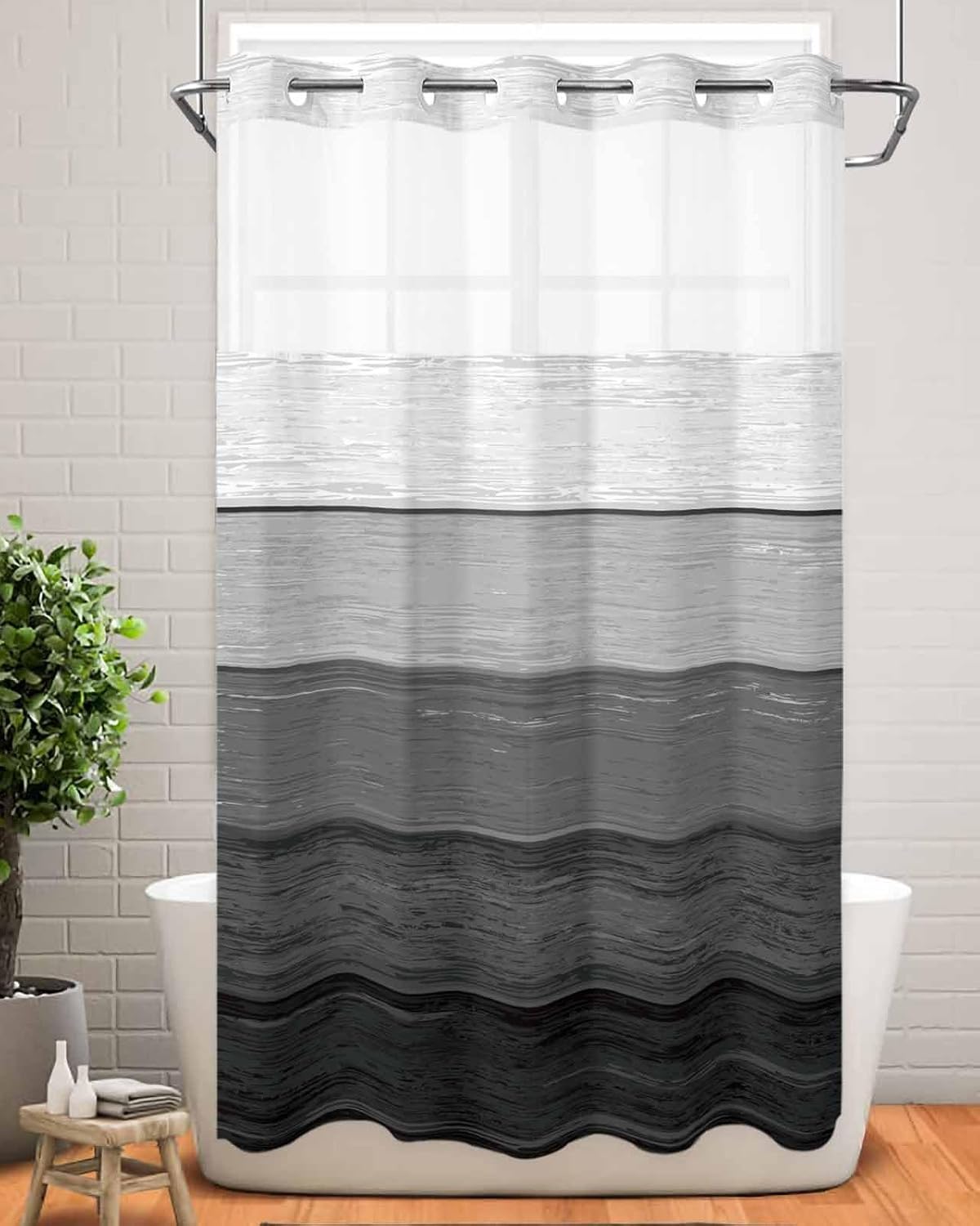 QueenKer Shower Curtains Set No Hook Shower Curtains with Snap in Liner 36" x 78" Dark Grey Striped Gradient Rustic Wood Board Waterproof See Through Mesh Top Window for Shower Bathroom