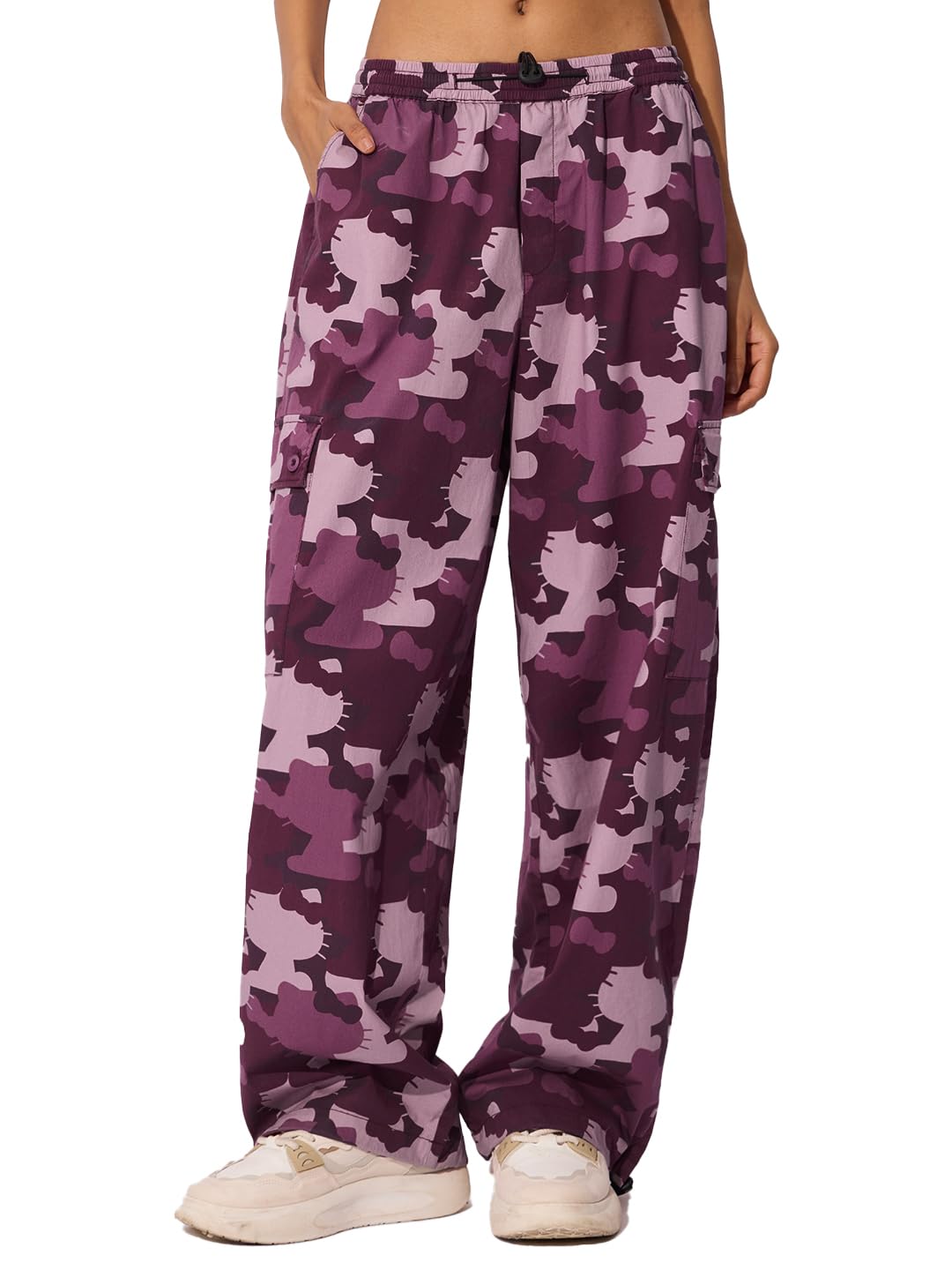 the souled store Hello Kitty: Pink Camo Women and Girls Elasticated Toggle Cotton Blend Straight Fit Cargo Pants-picture-10