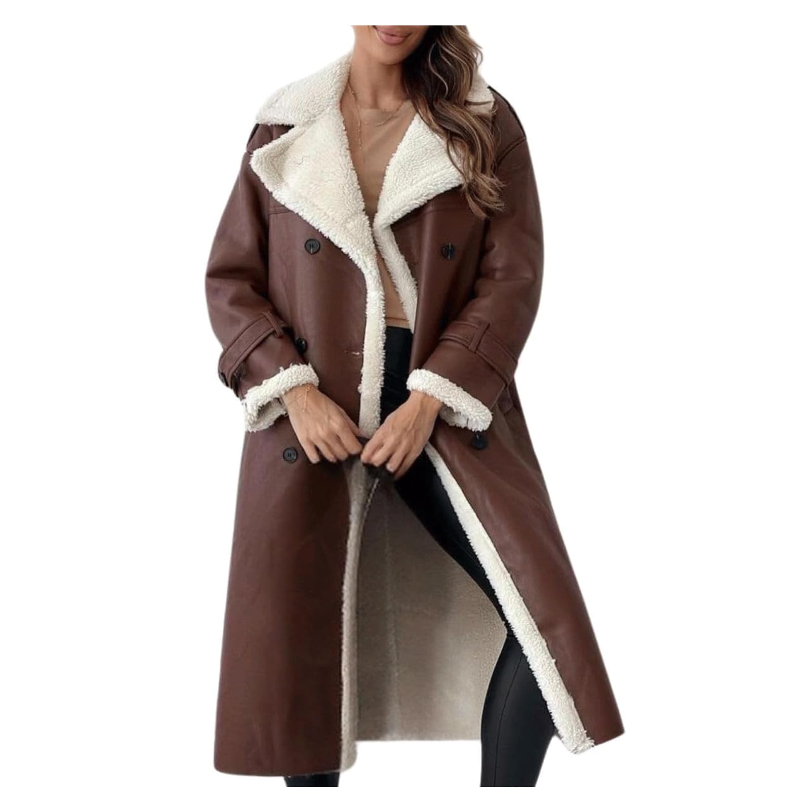 INFJMH Women's Fleece Long Blazer Jacket Winter Notched Lapel Sherpa Lined Trench Coat Faux Leather Outwear with Belt
