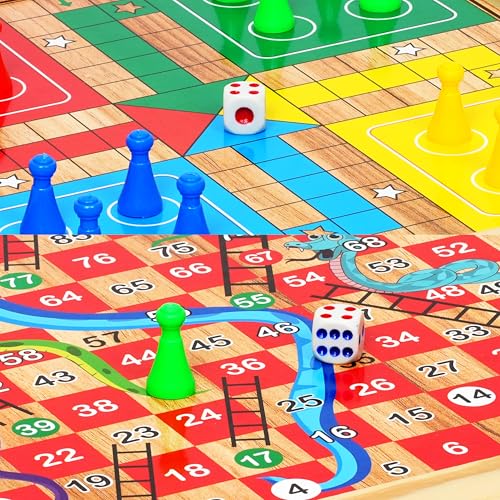 Juego de mesa 2 en 1 Ludo y Serpientes y Escaleras de madera miniatura 5