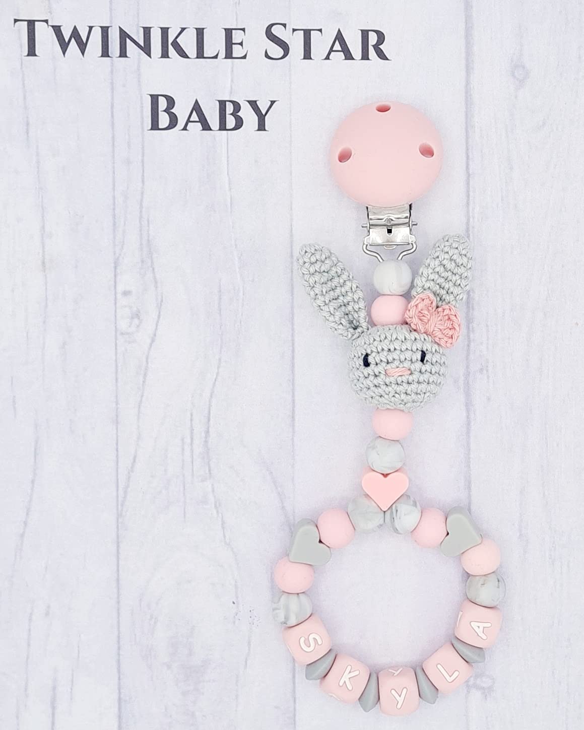 Twinkle Star Baby © Handmade Personalised Girls Silicone Pram Charm with Crochet Rabbit