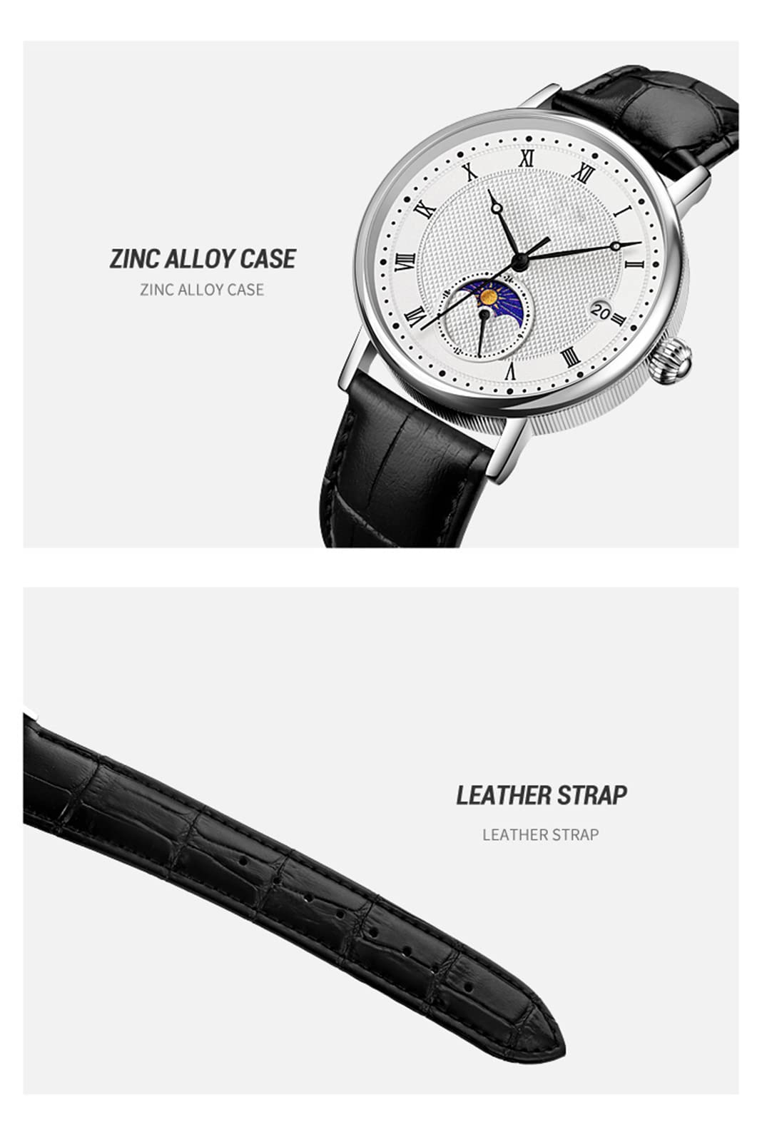 FANMIS Reloj de pulsera para hombre de negocios de cuero o acero inoxidable, impermeable, con fecha, cuarzo