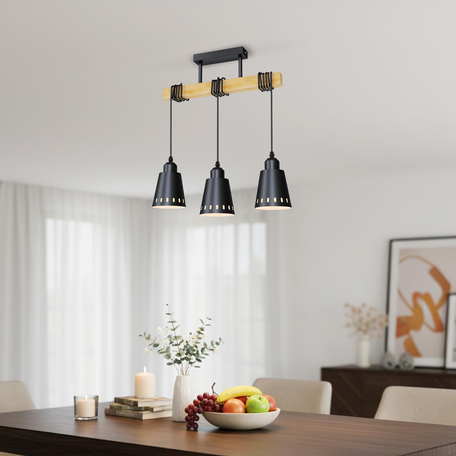 LVWIT Esstischlampe Hängend E27 Hängelampe Esszimmer 3 Flammig Schwarz, Küchenlampe Hängend, Hängeleuchte Balkenlampe für Esszimmer Küche Wohnzimmer Bar (ohne Glühbirne)