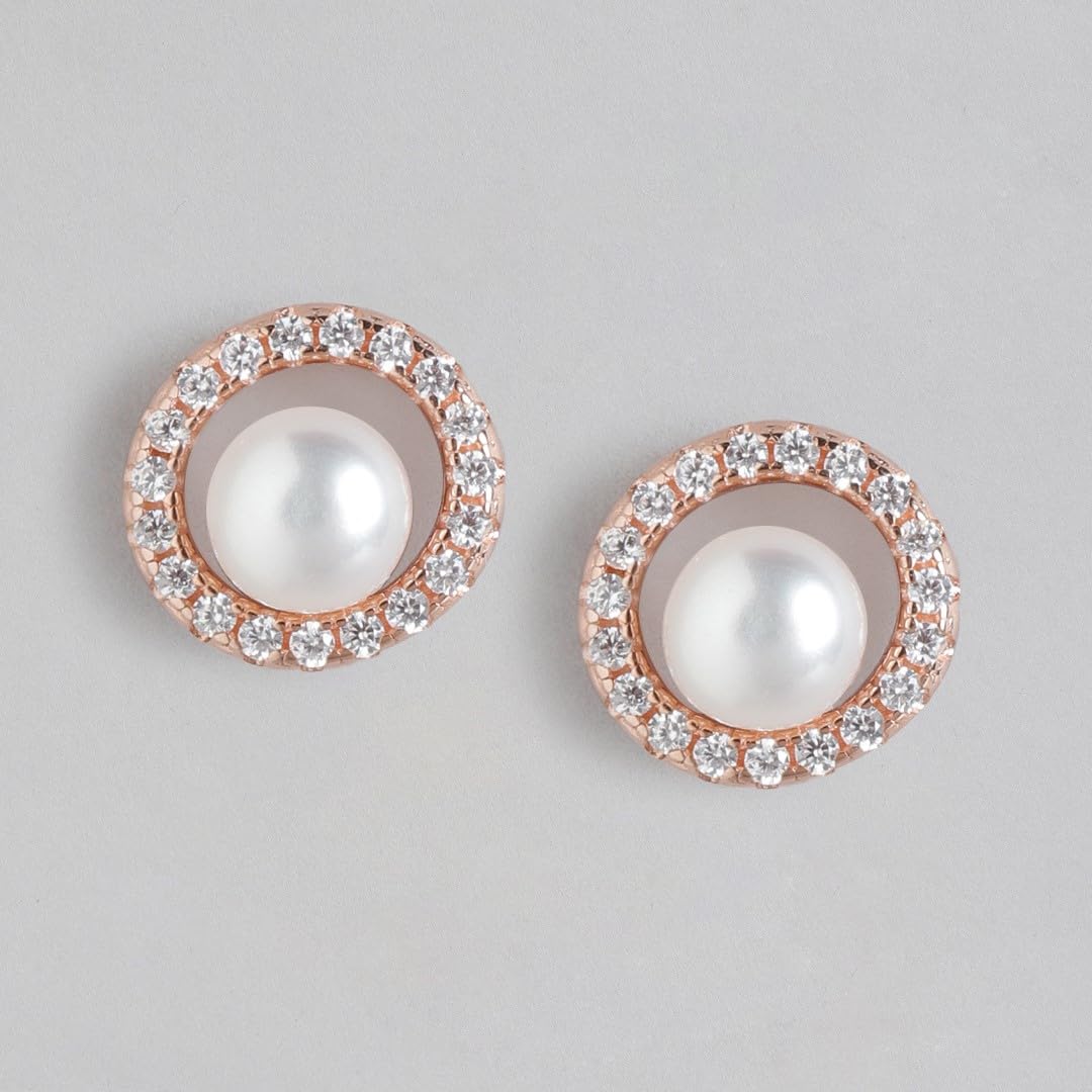 Women's 925 Sterling Silver CZ Encircled Pearl Rose Plated Stud Earrings