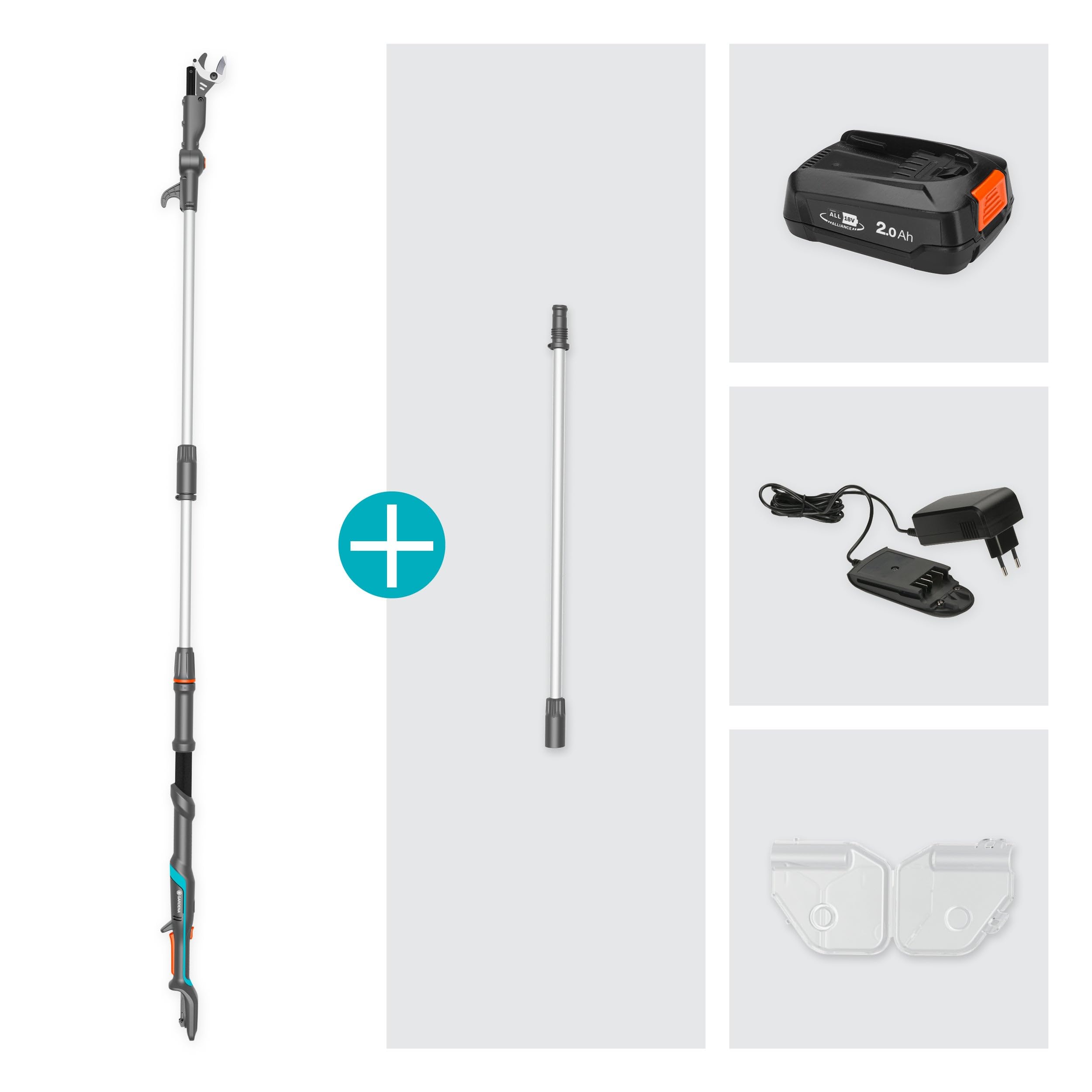 Gardena Akku-Teleskop-Baumschere HighCut 360/18V P4A Ready-to-Use Set: Bis zu 5 m Reichweite, Schwenkbarer Schneidkopf, Ergonomisch, LED-Anzeige, Kabellos (14776-20)