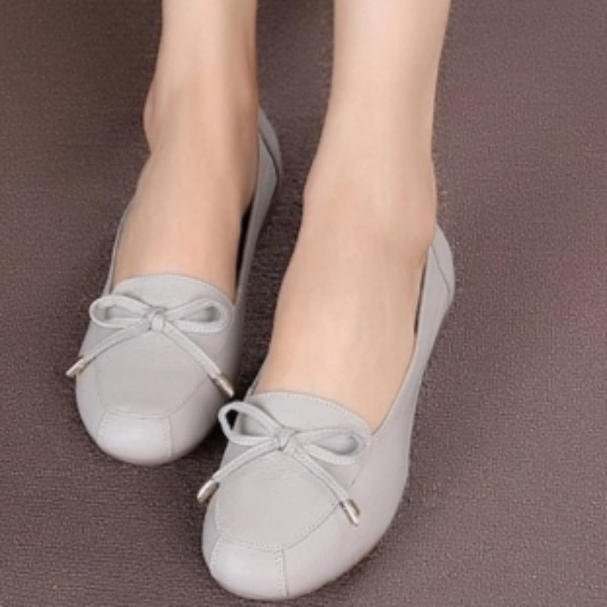 Ballerine da donna in pelle con fiocco, comode e morbide ballerine con punta tonda, mocassini da guida, casual da lavoro, scarpe da passeggio