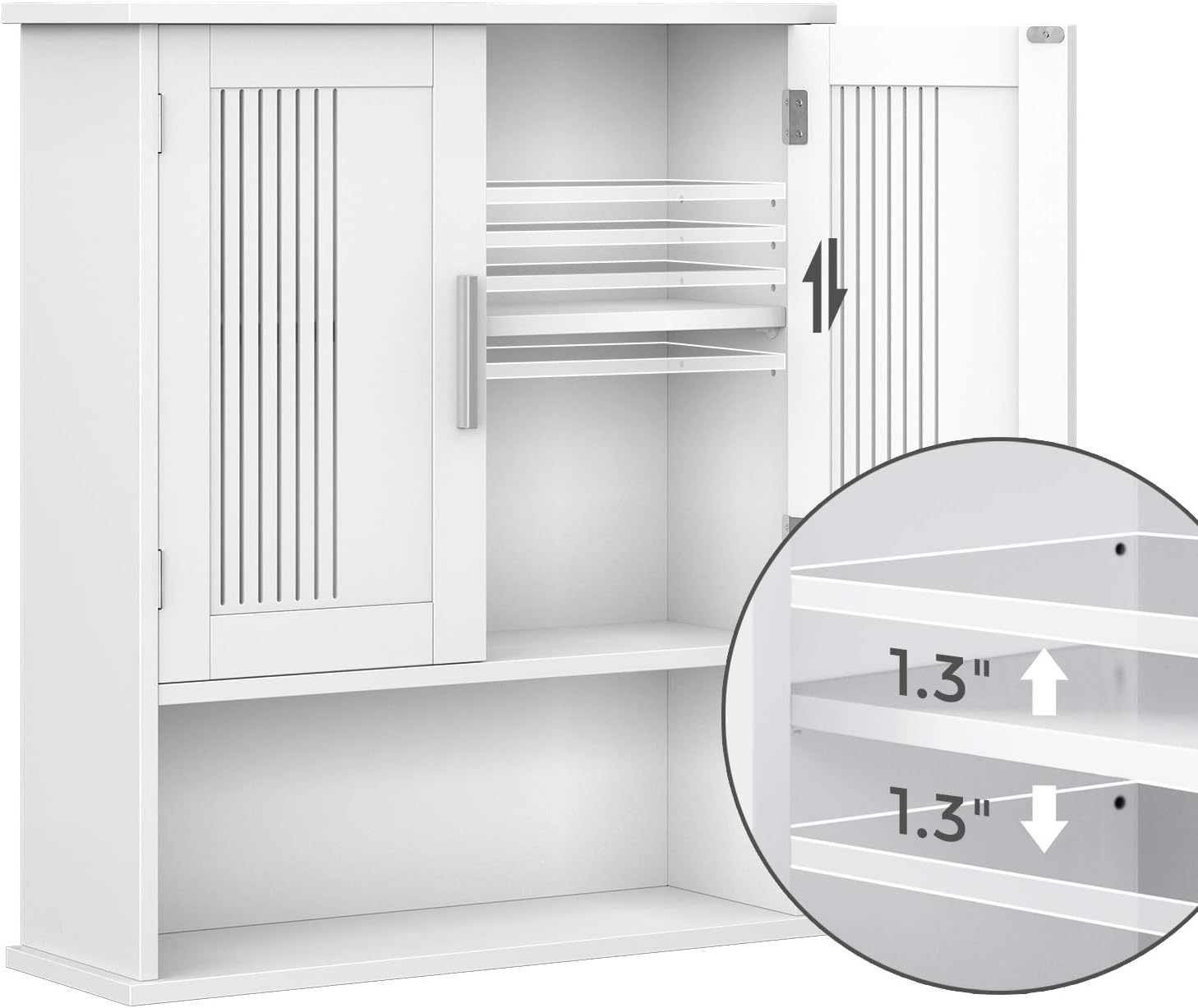 Close-up diagram illustrating the adjustable shelf feature inside the cabinet, showing 1.3-inch increments for height adjustment.