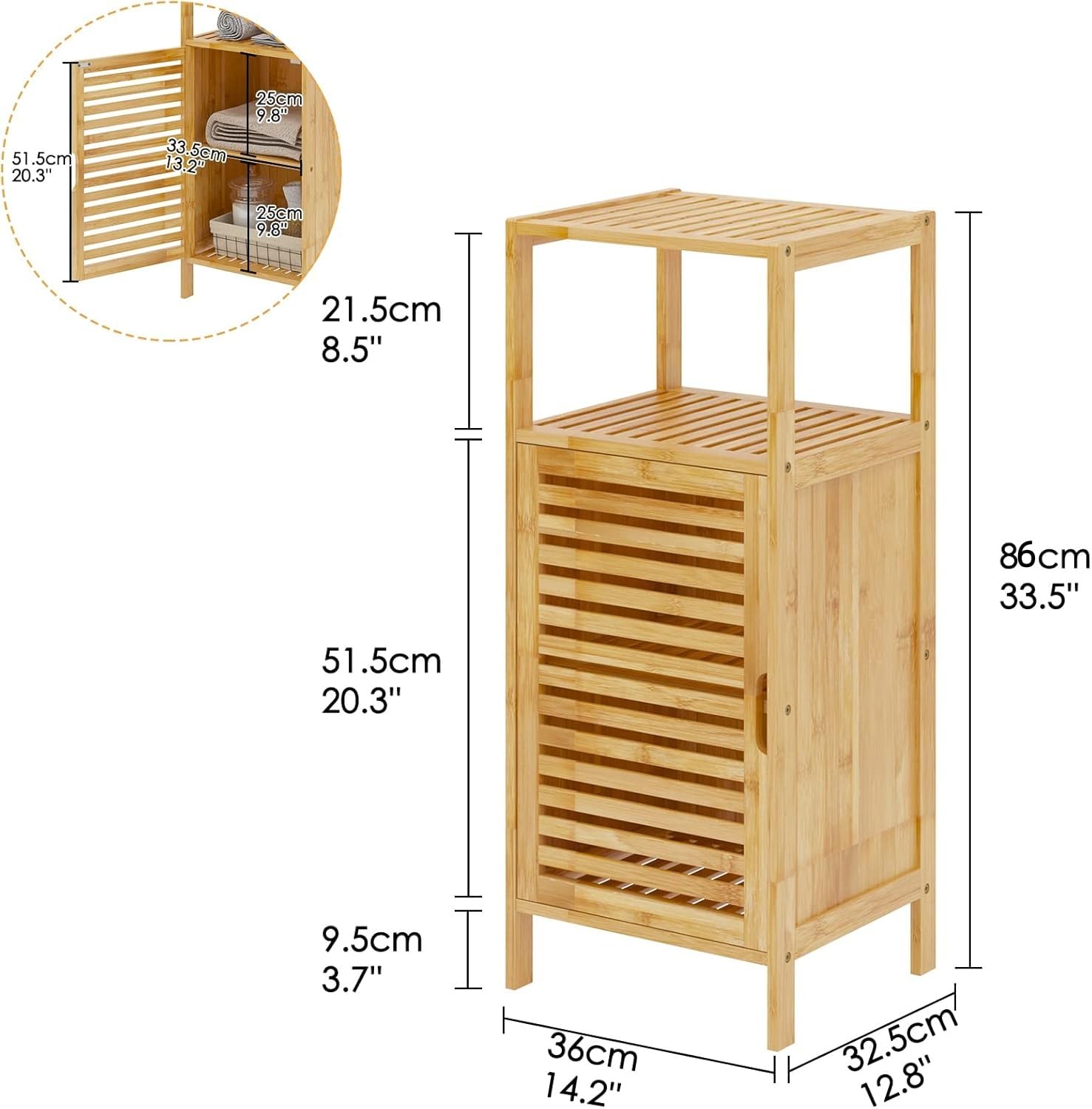 soges Bambus Schrank Badezimmerschrank | Beistellschrank mit Lamellentür und Regale, Stehendes Bambus Regal für Wohnzimmer & Badezimmer