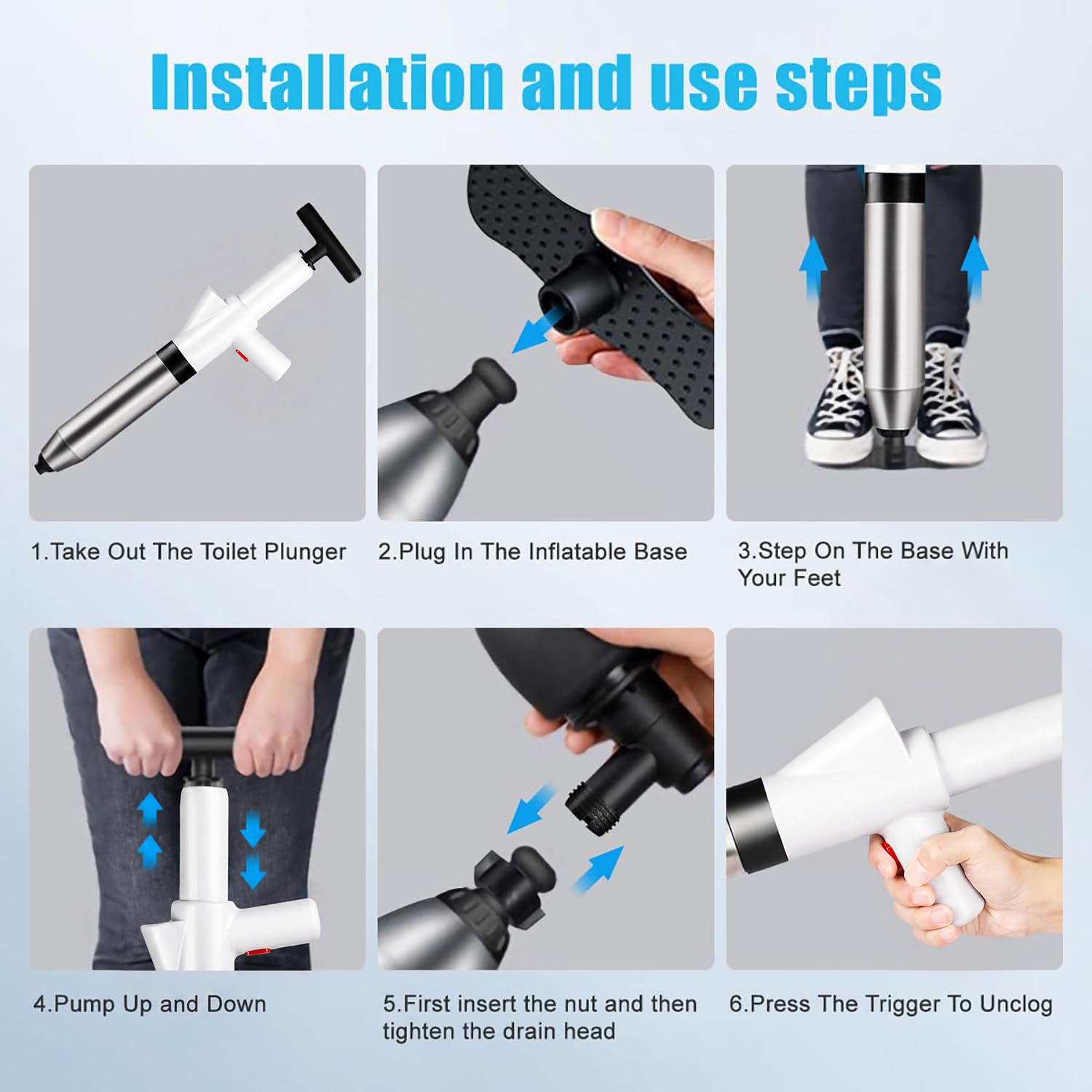 Desatascador de inodoro de alta presión rápida con barómetro, herramienta de desatasco y desatascador de drenaje de aire resistente para baño, inodoros, fregaderos, bañeras, tuberías, kit de