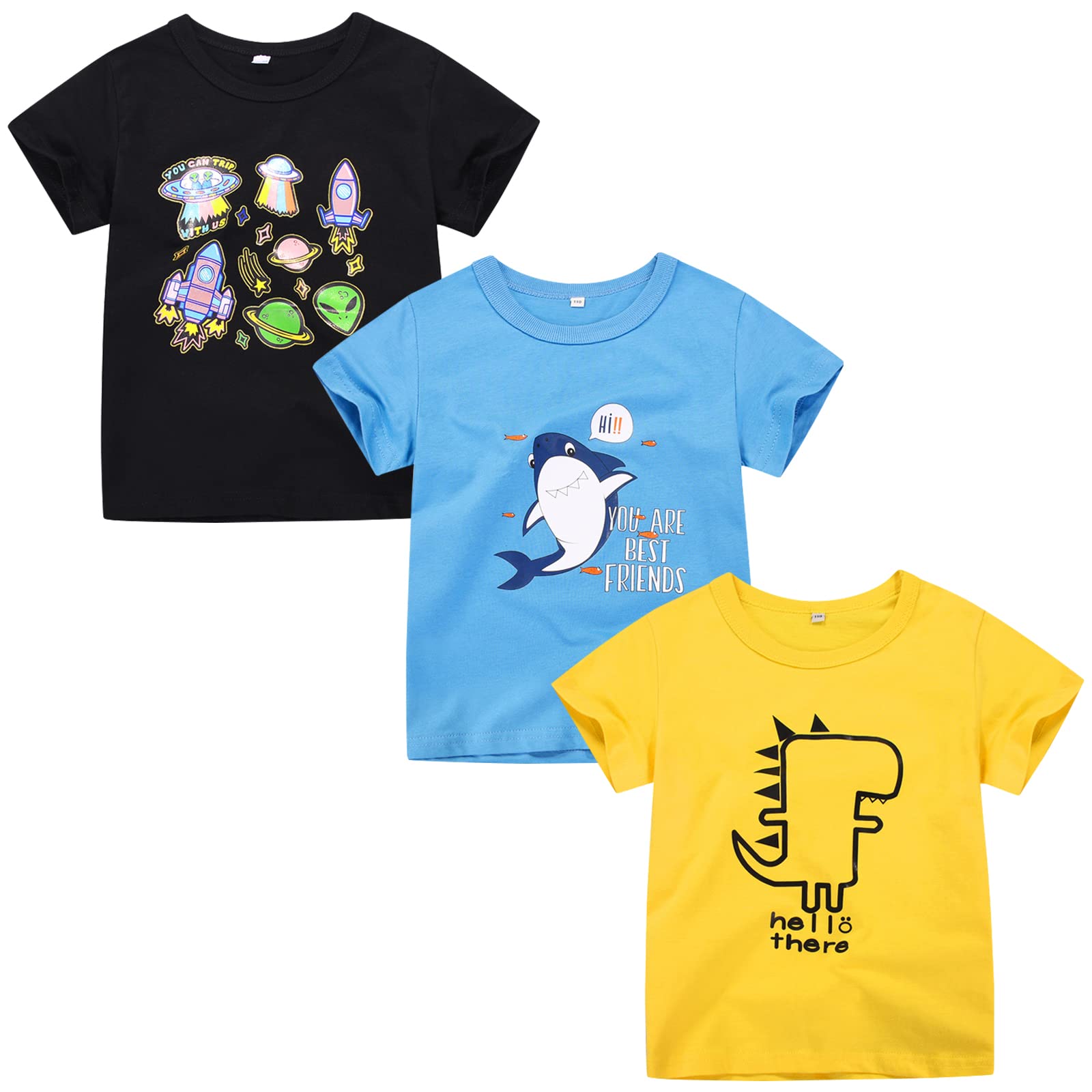 DEEKEYToddler Little Boys 3-Pack Outfit Crew Neck Short Sleeve T-Shirts with Chest Print Top Tee Size 1-7 Soft Cotton Years