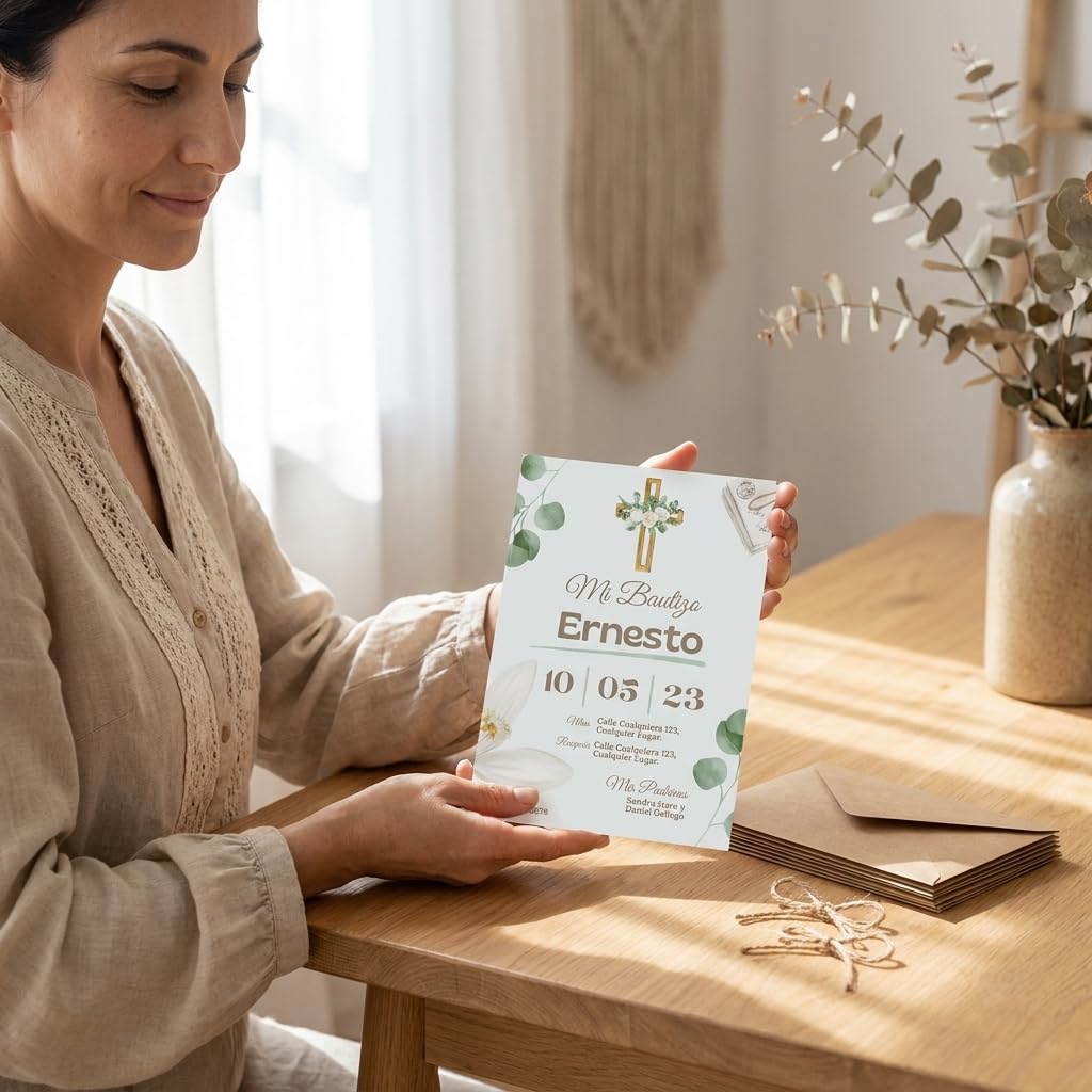 Invitaciones Bautizo Niño A6 – Pack 16/24/32 – Diseño Cruz Dorada con Flores – Tarjetas Bautizo Elegantes con Sobres y Cuerda de Yute – Invitaciones Personalizadas Premium