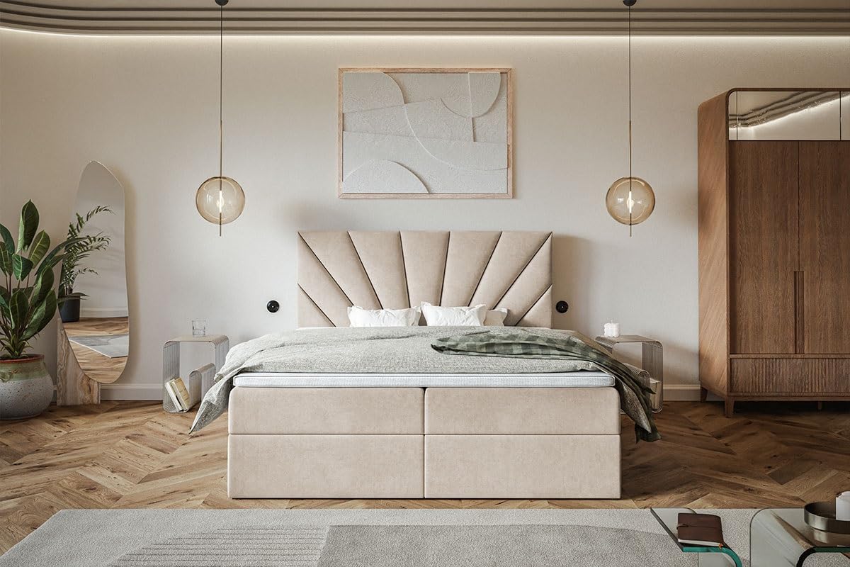 Boxspringbett 180x200, Velourstoff, Dunkelblau, Bonell-Matratze