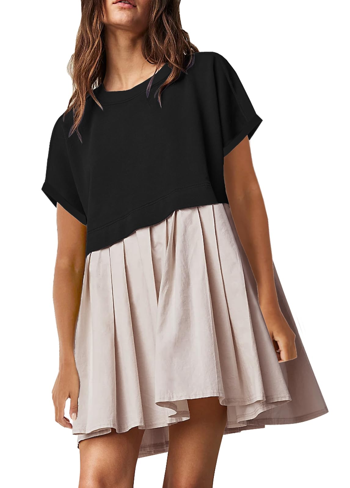 SAUKOLE Womens Summer Crew Neck Short Sleeve Dress Patchwork Pleated A Line Beach Mini Dress