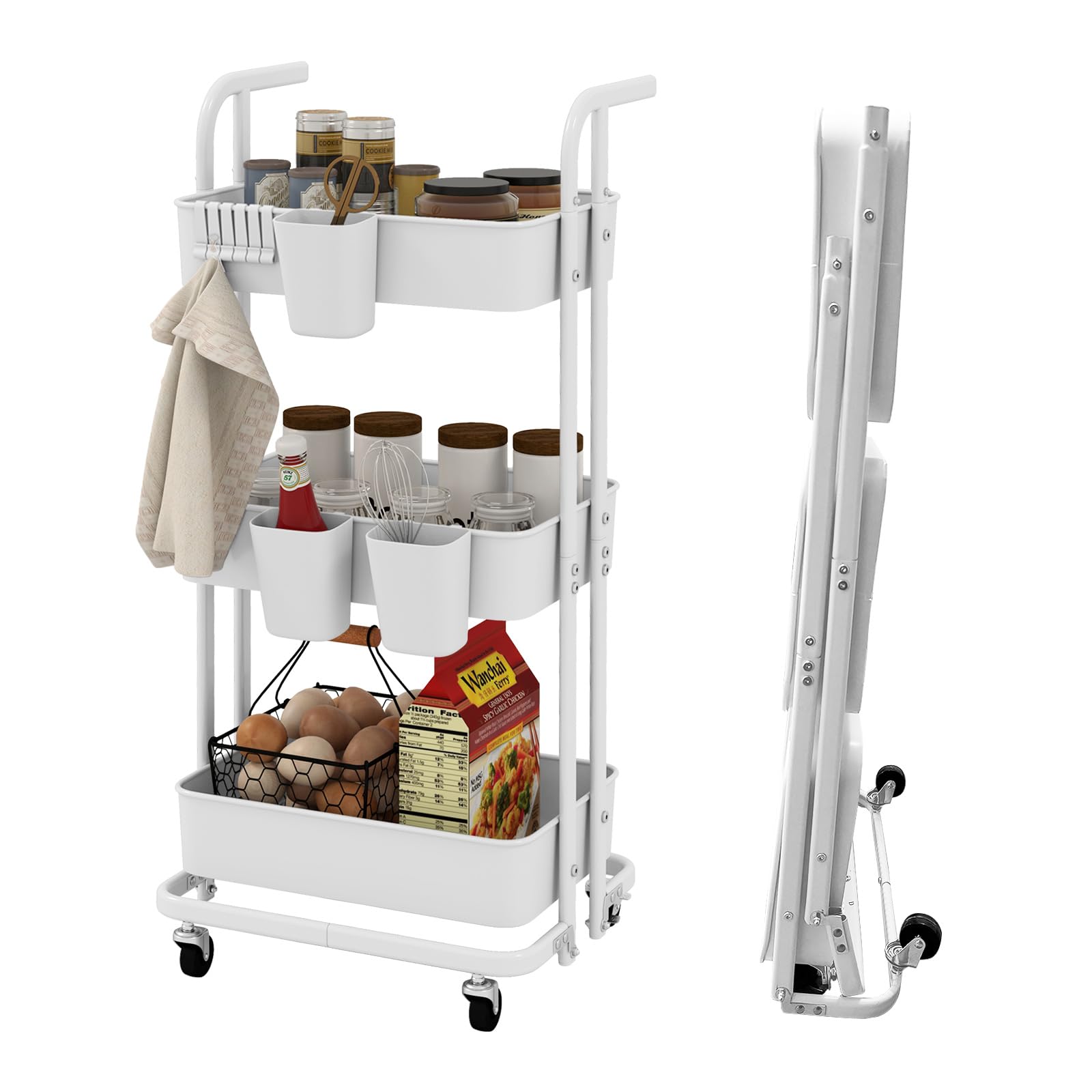 RELAX4LIFE Carrello di Stoccaggio Pieghevole a 3 Livelli, Carrello da Cucina con 3 Portabicchieri Appesi, 6 Ganci, Ruote Bloccabili, Carrello da Servizio per Cucina, Soggiorno, Sala da Pranzo
