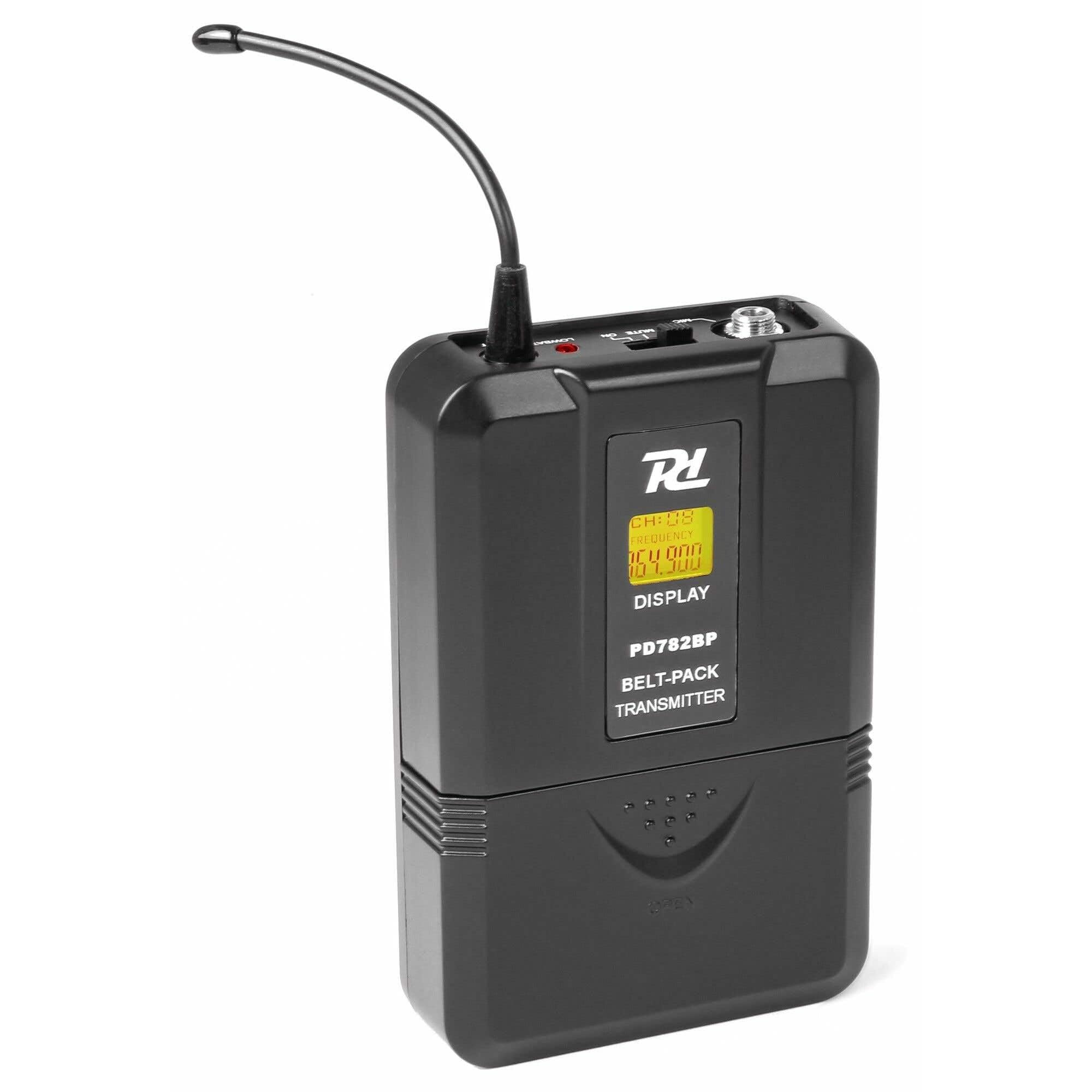 Power Dynamics PD782BP Petaca Transmisora para Micrófonos Inalámbricos de Serie PD780, con Microfono Solapa y Micrófono de Diadema Color Negro Incluidos, Petaca para Micro Inalambrico