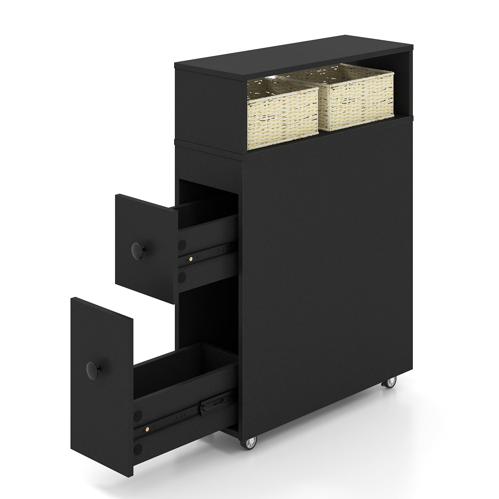 GOPLUS Armario de Nicho con Ruedas, 2 Cajones y 2 Cestas de Mimbre, Armario Estrecho para Baño, Carro de Baño, Mueble de Almacenamiento para Baño Cocina, 50 x 19 x 72 cm (Negro)
