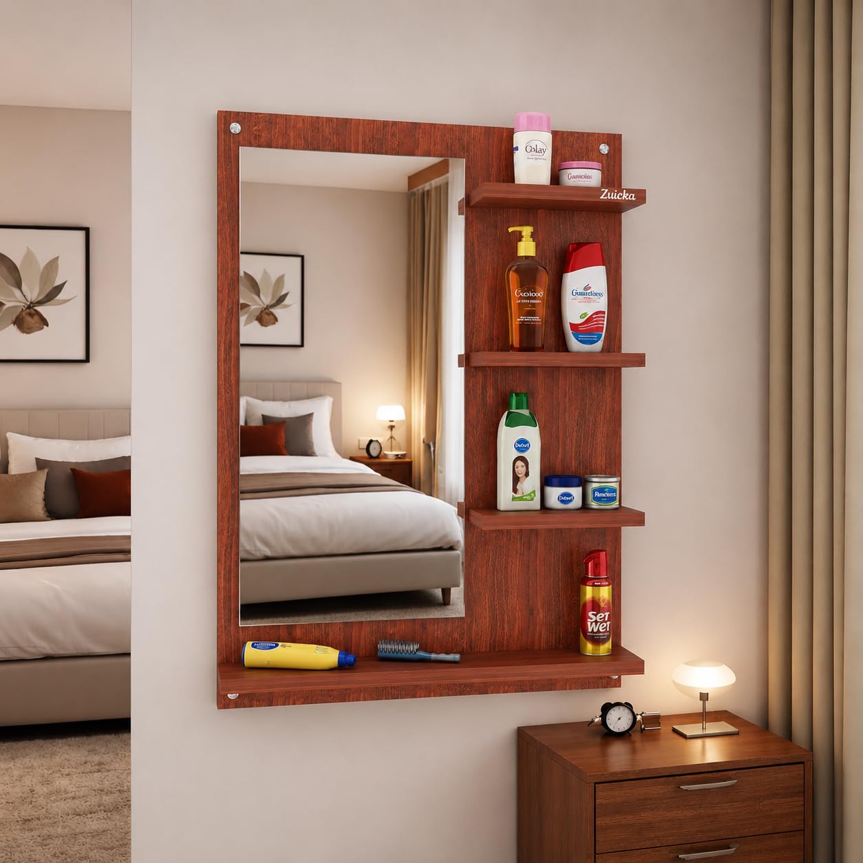 Wall Mounted Dressing Mirror with Storage Shelves | Wooden Bathroom Mirror with Shelf | Vanity Mirror Organizer for Bedroom, Bathroom & Living Room | Wall Mirror Cabinet | Walnut Finish-image-18