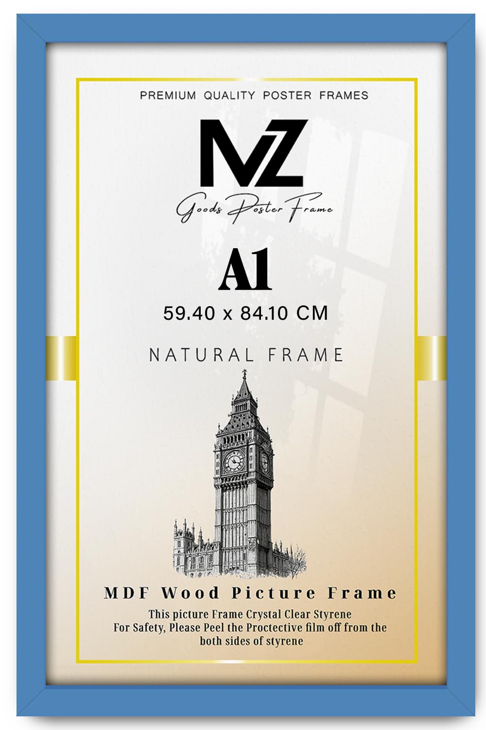 Mz Goods Blue - Classic And Elegant Rectangle Poster/Picture A1 Solid Eton Wood Finish | Hanging Hooks – 33 X 23 Inch Perfect For Portrait/Landscape Display [ A1 Frame ]
