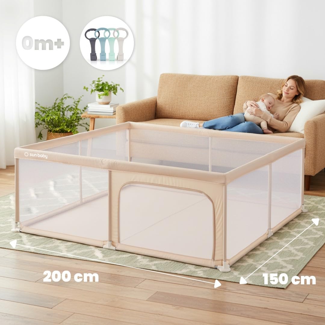 sun baby Laufstall mit grün Griffen 150x200 cm 0-2 Jahre Beige, Polyester, Netzwände, Eingang mit Reißverschluss, rutschfeste Füße, Tragetasche im Set, Metallrahmen