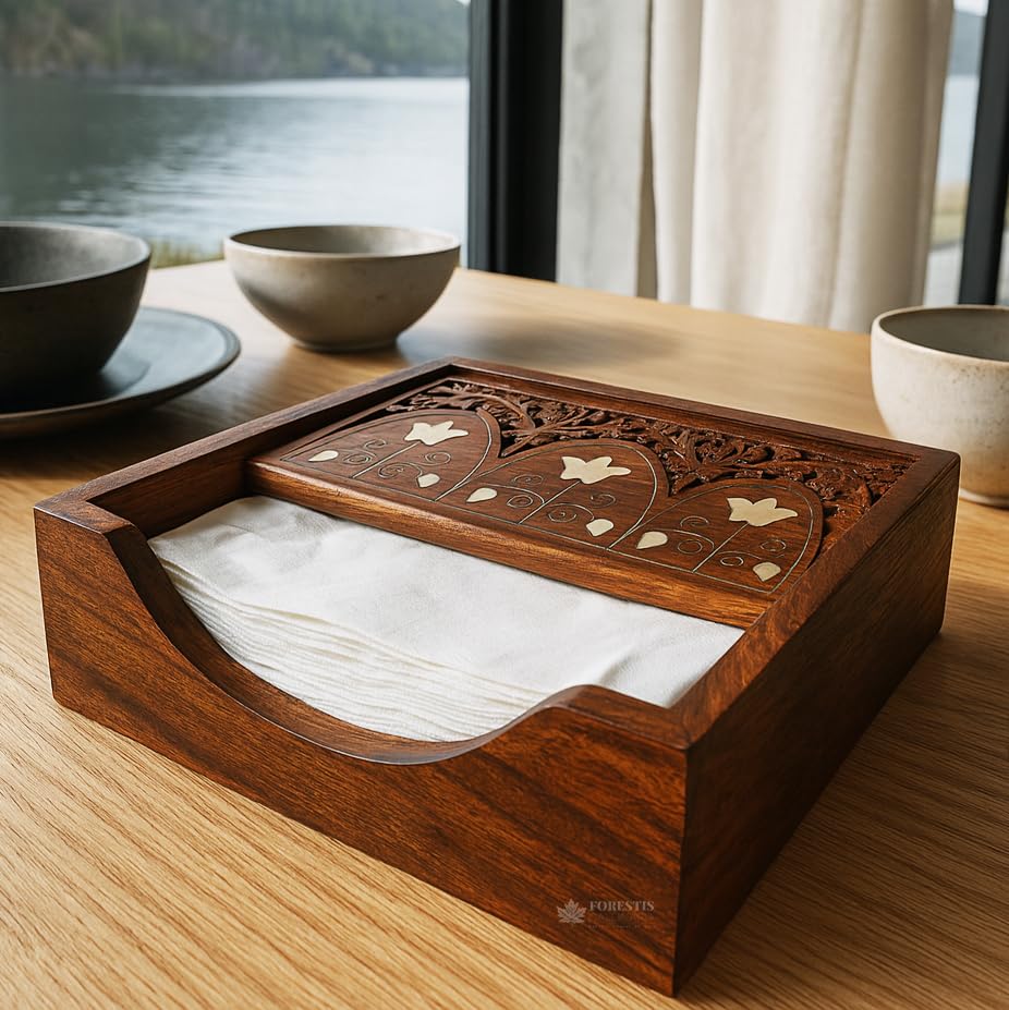 Image of Wooden Tissue Box| Rosewood Napkin Box| Tissue Holder Organizer for Table, Home, Office, Car| Rectangular Facial Paper Cloth Storage Case| Dispenser (7.5X7.5 Inches, Arvo Rosewood Tissue Box)