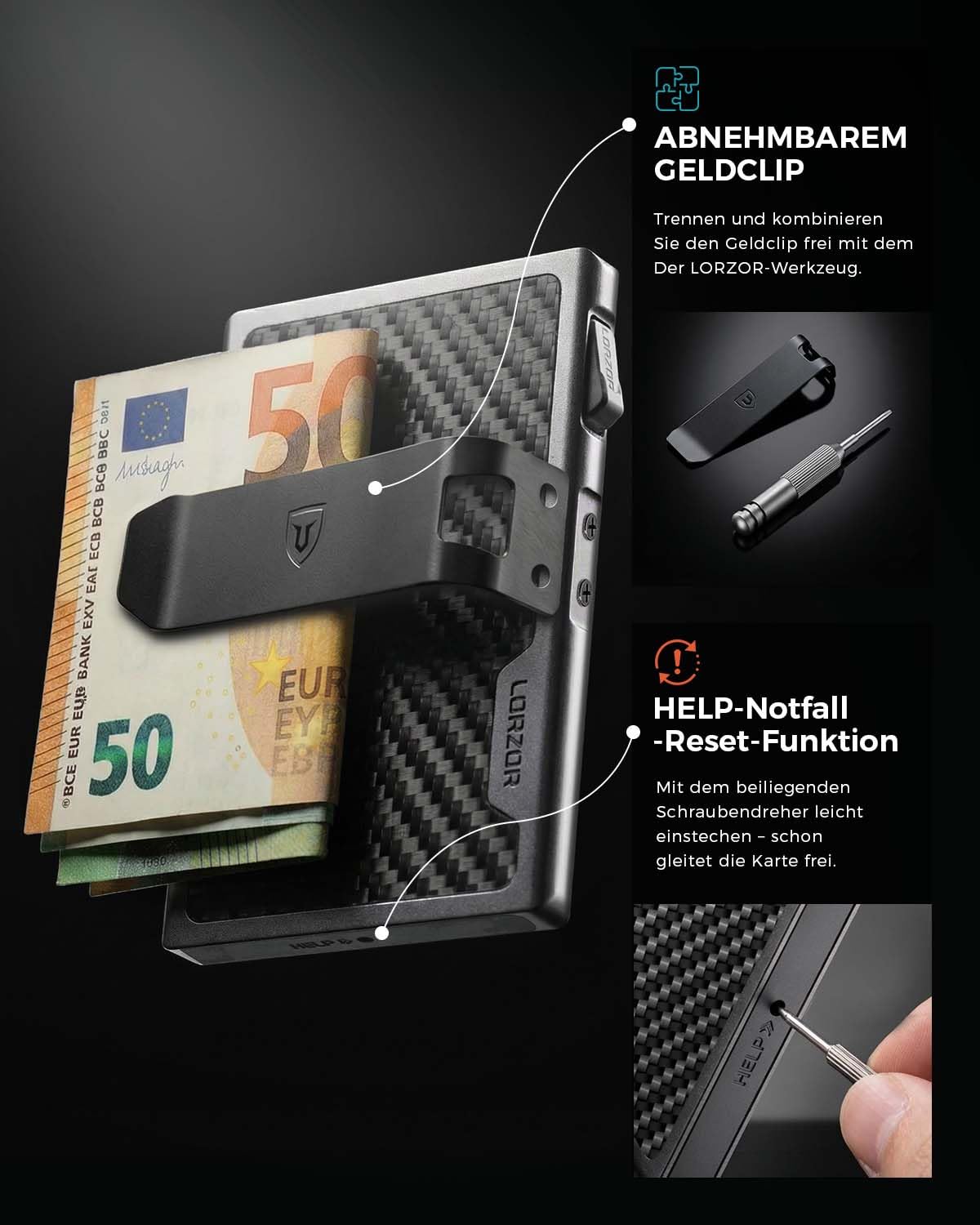 LORZOR Slim Wallet aus Militär-Kohlenstofffaser, Minimalistische Geldbörse mit abnehmbarem Geldclip, Kartenetui Herren rfid schutz Portmonee, Brieftasche Herren kreditkartenetui für 7 Karten, Geschenk