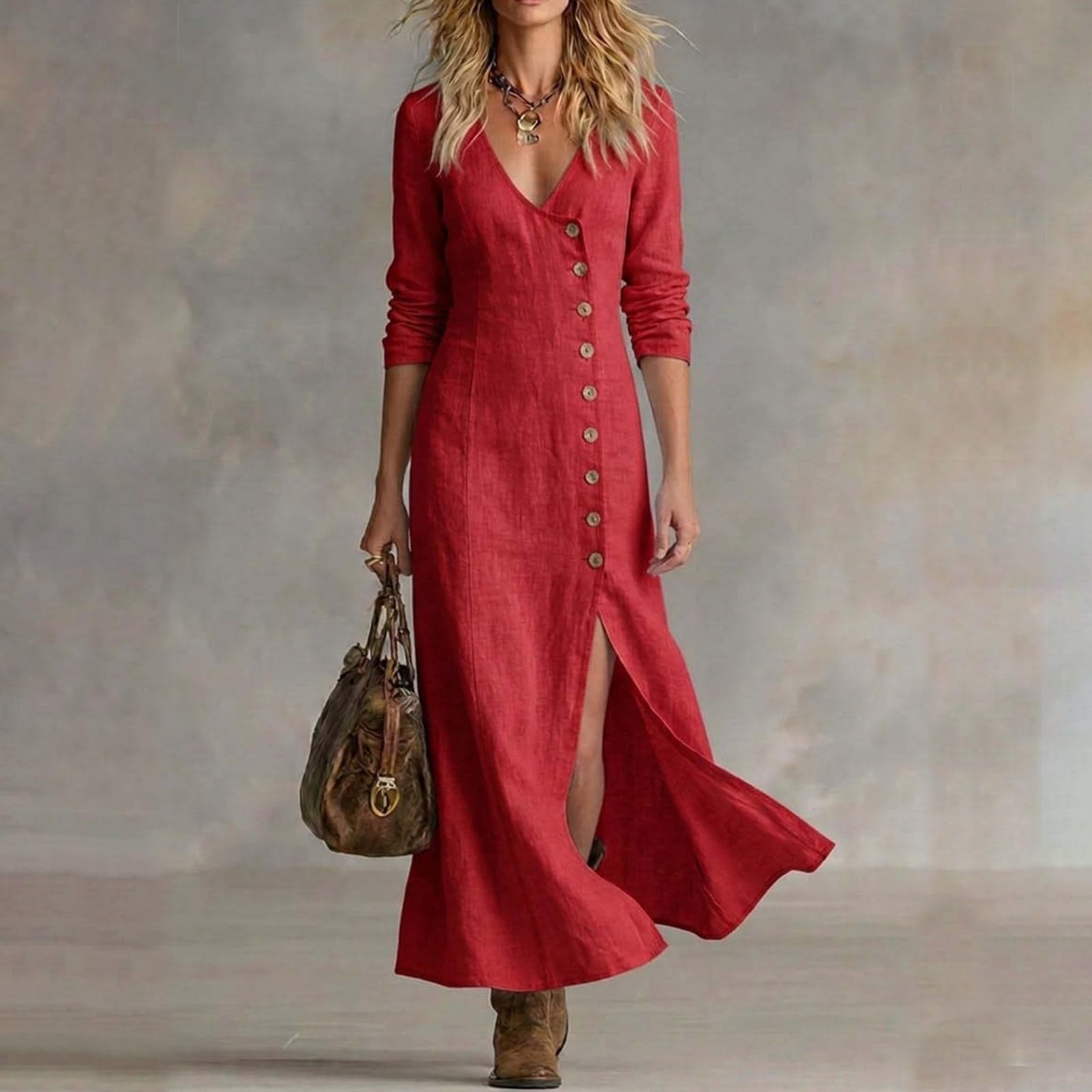 Abito in Lino Donna Abito da Donna in Cotone e Lino con Scollo a V, Bottoni, Maniche Lunghe, Ampio e svolazzante, Perfetto per L'Estate, Stile Boho, con Spacco Laterale, Vestito Estivo Elegante