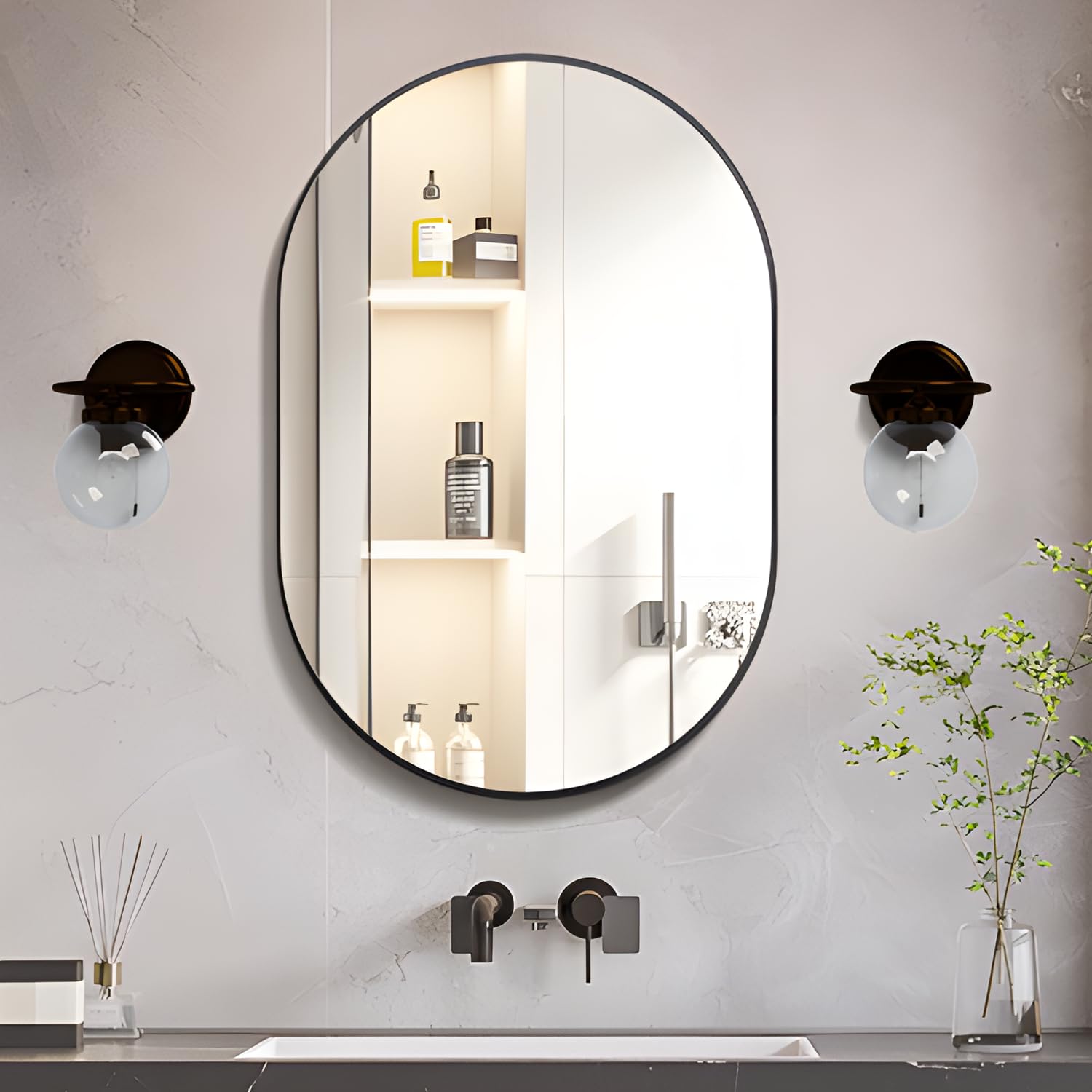 Espejo Ovalado para baño, 60 x 90 cm Espejo de Pared Ovalado, Negro Espejos ovalados para Muebles de Lavabo, Espejo de Pared Tipo cápsula, Espejo Oval Moderno de Aluminio