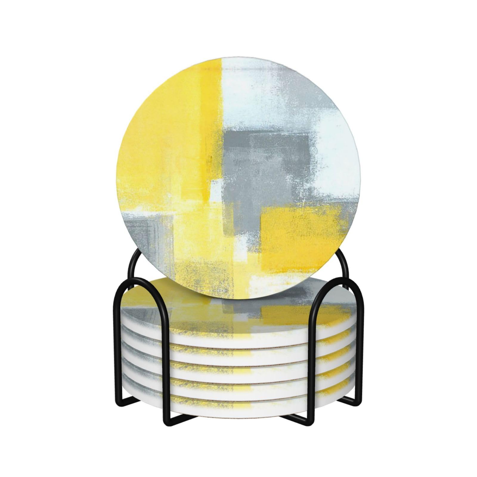 Grey And Yellow Abstract Art Painting 6 Pcs Ceramic Coasters With Holder,Drink Coaster,Home Decor Beverage Coasters Bar Coasters